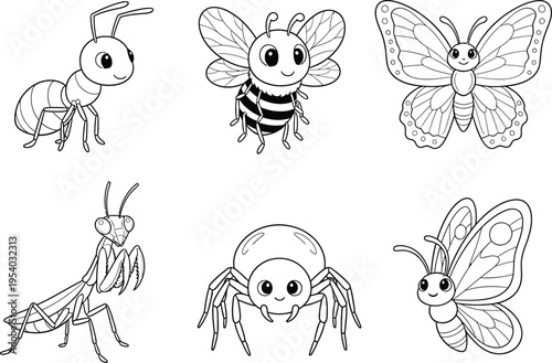 a delightful collection of cartoon insects including an ant a bee a butterfly a grasshopper a spider and a moth
