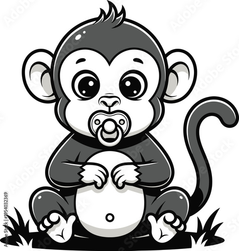 a charming illustration depicts a small gray monkey sitting peacefully with a pacifier holding an oval object and a long tail