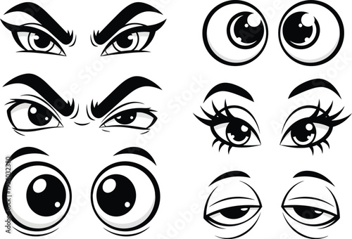 A collection of cartoon style eyes and eyebrows in various expressions shapes and sizes displayed in black and white high quality