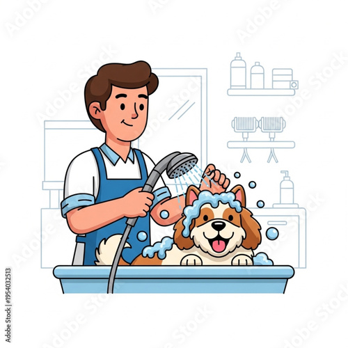 Groomer washing dog in bathtub with shower.
