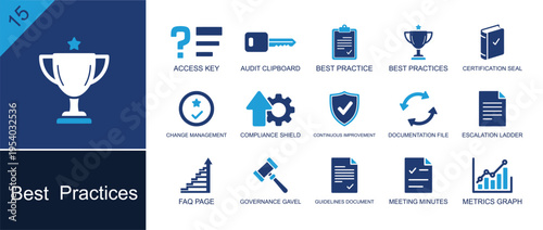 Best practices icon set. Containing key, audit clipboard, trophy, certification seal, compliance shield, gavel, document file, FAQ page, metrics graph and more. Solid fill vector icons.