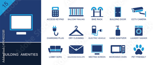 Building amenities icon set. Containing keypad, bike rack, CCTV camera, lobby sofa, mailroom envelope, microwave oven, pet friendly, washer, hand sanitizer and more. Solid fill vector icons.