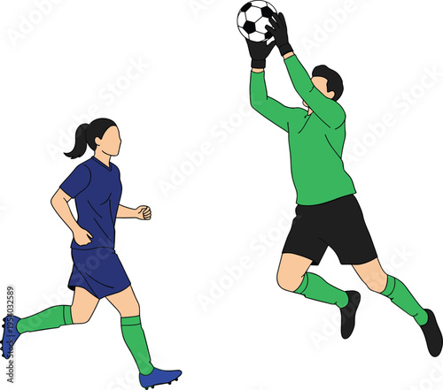 Soccer players vector illustration with goalkeeper catching ball and female player running, football match flat sketch, sports competition design elements
