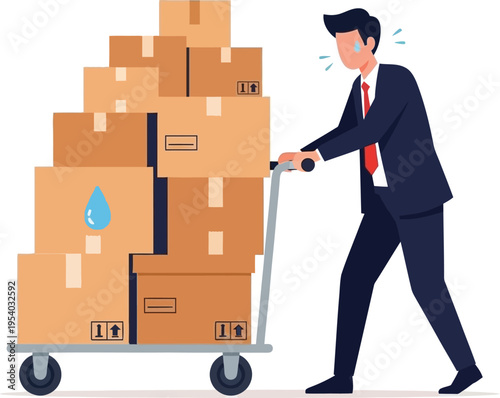 an illustration depicts a businessman struggling to move a tall stack of cardboard boxes on a hand truck conveying stress and workload