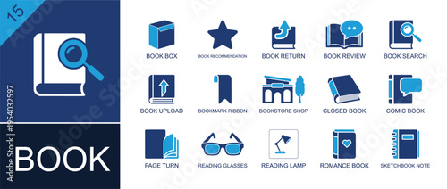 Book icon set. Containing book search, book review, bookmark ribbon, closed book, comic book, bookstore shop, reading lamp, reading glasses, romance book and more. Solid fill vector icons.