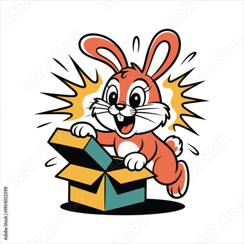 A happy cartoon rabbit peeking inside an open cardboard box with excitement and joyful surprise