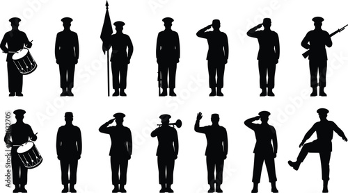 Military soldier silhouette collection, army personnel in various poses, saluting, marching, playing drum, and holding flag, veteran officer vector set