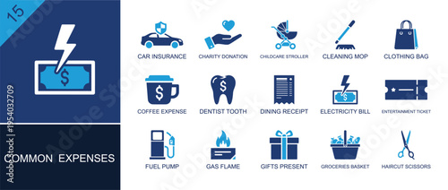 Common expense icon set. Containing car insurance, childcare stroller, receipt, electricity bill, fuel pump, groceries, haircut scissors, gift box, coffee and more. Solid fill vector icons.