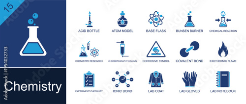 Chemistry icon set. Containing atom model, base flask, Bunsen burner, chemical reaction, covalent bond, ionic bond, lab coat, lab gloves, lab notebook and more. Solid fill vector icons.