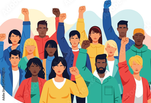 A diverse group of people raise their fists in solidarity showcasing unity and empowerment through collective action and peaceful protest