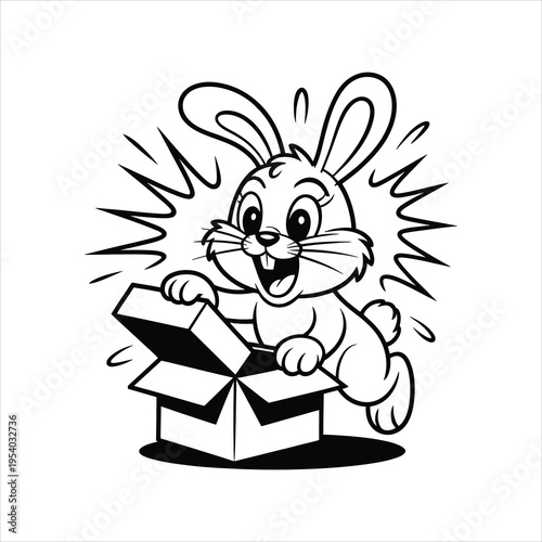 A black and white line art illustration of a cute rabbit popping out of a cardboard gift box