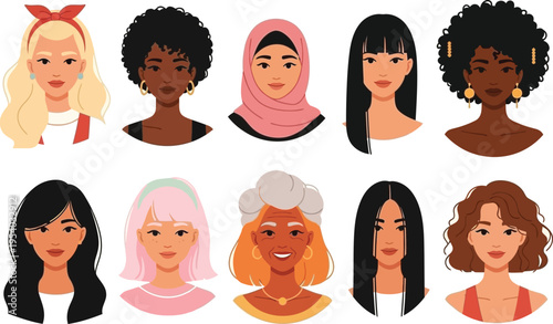 a diverse collection of stylized female portraits showcases varying hairstyles skin tones and cultural headwear promoting inclusivity and beauty high quality