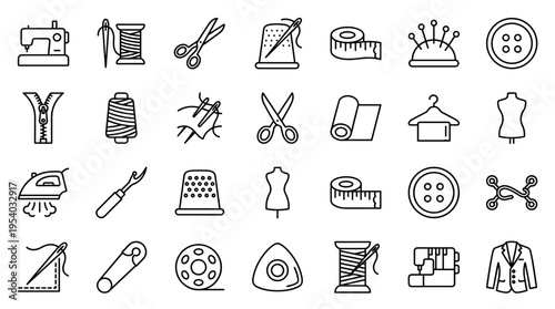 Set of sewing and tailoring equipment line icons