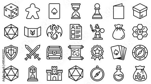 Set of board game and tabletop roleplaying icons in simple line art style