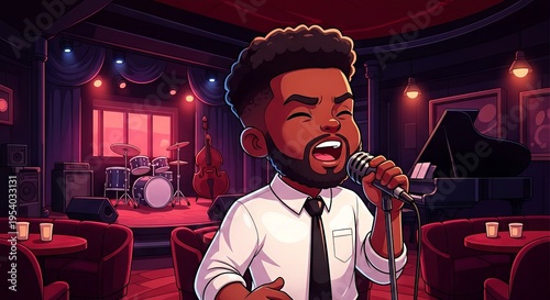 Young black man singing passionately on stage in jazz club