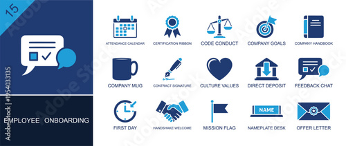 Employee onboarding icon set. Containing attendance calendar, ribbon, code of conduct, company goals, handbook, signature, values, first day, offer letter and more. Solid fill vector icons.