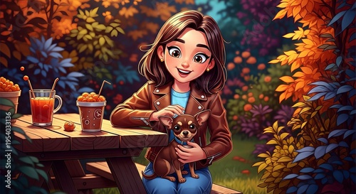 Young girl smiling while holding a small dog at a picnic table  