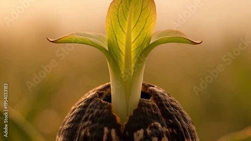 Captivating time-lapse seed germination time lapse showing a green sprout emerging from a seed with crystal ball refraction in warm golden light.