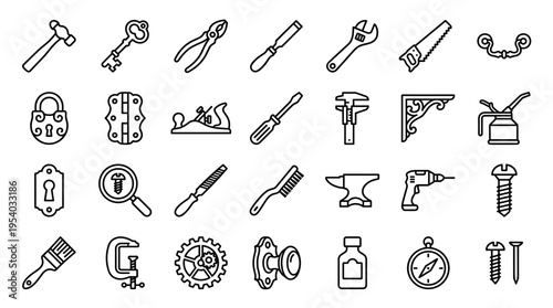 Set of hand tools and hardware icons for construction and home improvement projects