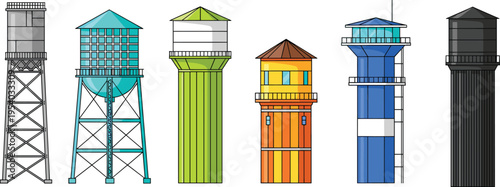 Industrial Water Tower Vector Illustration Set, Different Styles of Reservoir Tanks and Control Towers Isolated on White Background for Infrastructure Design