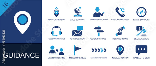 Guidance icon set. Containing advisor, support call, headset, GPS locator, signpost, helping hand, mentor meeting, legal advice, navigation breadcrumb and more. Solid fill vector icons.