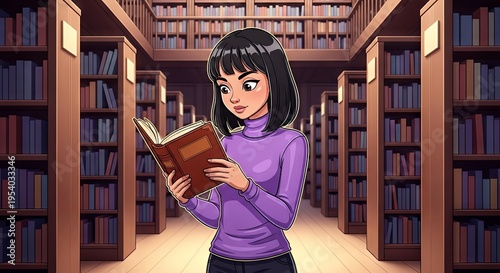 Young woman reading a book in a library with wooden shelves  