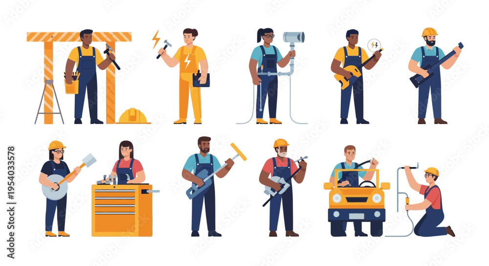Fototapeta premium Skilled Diverse Tradespeople and Manual Workers Vector Set. Professional Handymen and Craftspeople with Tools for Construction, Plumbing, Electrical Work