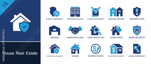 House real estate icon set. Containing duplex house, escrow lock, garage, handshake deal, inspection, home price, house, interest rate, lease agreement and more. Solid fill vector icons.