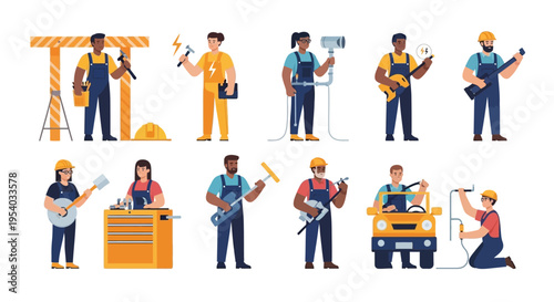 Skilled Diverse Tradespeople and Manual Workers Vector Set. Professional Handymen and Craftspeople with Tools for Construction, Plumbing, Electrical Work