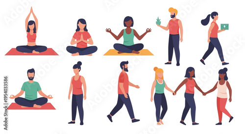Diverse People Vector Set: Yoga, Meditation, Walking, and Community Connection. Modern Flat Design Characters for Wellness & Lifestyle Apps.