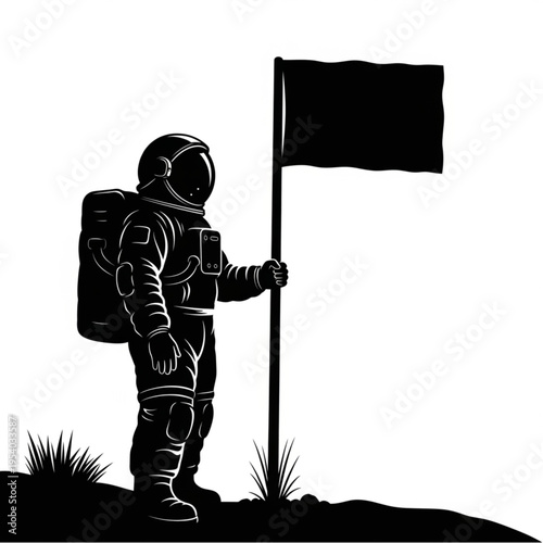 Astronaut Standing with Flag on Planet Surface.