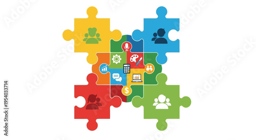 Team Collaboration and Diverse Business Functions Interconnected: Colorful Puzzle with Icons