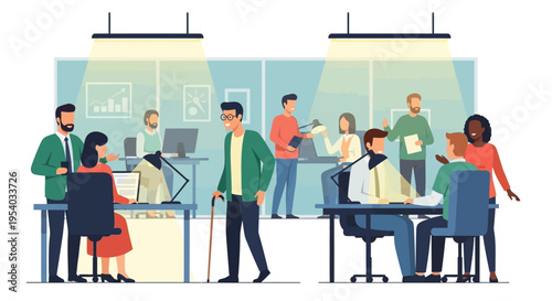 Diverse Business Team Collaborating in Modern Open-Plan Office Environment Illustration