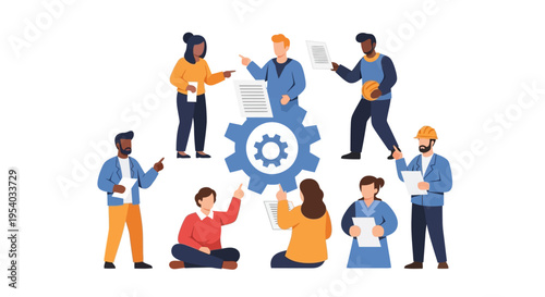 Diverse Business Team Collaboration and Process Management. Group of Professionals Working Together on Project Development, Strategy, and Solutions with a Central Gear.