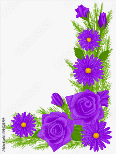 Floral design showcasing purple roses and daisies with green foliage on a clean white background, ideal for various decorative applications