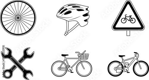 Bicycle icon set, cycling accessories, bike helmet, wheel, road sign, repair tools, wrenches, mountain bike, city bicycle with basket, transportation, sports.