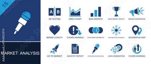 Market analysis icon set. Containing AB testing, area chart, bar growth, trophy, brand awareness, churn warning, customer segments, geographic map, report and more. Solid fill vector icons.