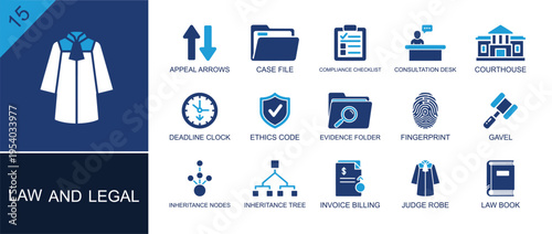 Law and legal icon set. Containing appeal arrows, case file, consultation desk, courthouse, evidence folder, fingerprint, gavel, judge robe, law book and more. Solid fill vector icons.
