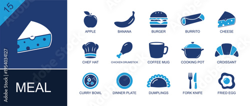 Meal and restaurant dining icon set. Containing apple, burger, burrito, cheese, chicken drumstick, coffee mug, cooking pot, dinner plate, fried egg and more. Solid fill vector icons.
