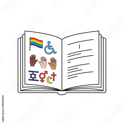 Open book with diversity symbols and icons.