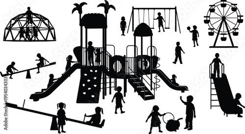 Playground Children Silhouette Set, Vector Illustration of Kids Playing on Slide, Swing, See Saw, and Ferris Wheel for Park Design