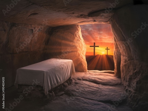 A view from inside the empty tomb looking out toward three crosses during a bright golden sunrise