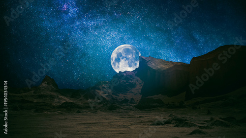 Foto Surreal Full Moon Rising Over Dark Mountain Range Milky Way Galaxy with Copy Spa