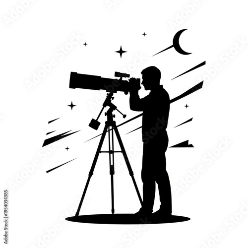 Astronomer Observing Stars with Telescope Silhouette.