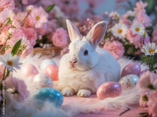 A fluffy white bunny sitting peacefully among pastel easter eggs and beautiful spring flowers