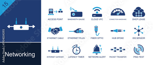 Networking icon set. Containing access point, bandwidth gauge, cloud, DHCP lease, ethernet plug, fiber optic, gateway, packet transfer, ping test and more. Solid fill vector icons.