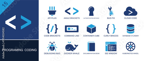 Programming icon set. Containing API plug, angle brackets, authentication keyhole, bug fix, cloud code, command line, docker whale, IDE window, database and more. Solid fill vector icons.