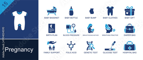 Pregnancy icon set. Containing bassinet, baby bottle, baby bump, baby clothes, birth plan, nursing mother, folic acid, glucose test, hospital bag and more. Solid fill vector icons.