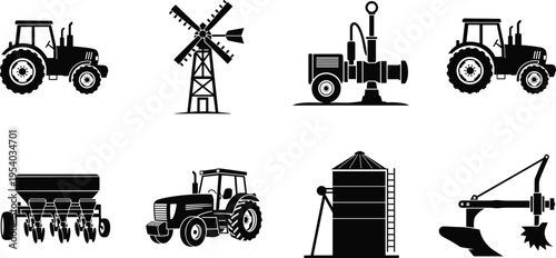 Collection of agriculture machinery silhouettes including tractors plow seeder windmill and farm equipment icons for rural farming industry set