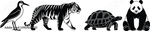 Collection of animal silhouettes including bird tiger turtle and panda wildlife vector set isolated on white background
